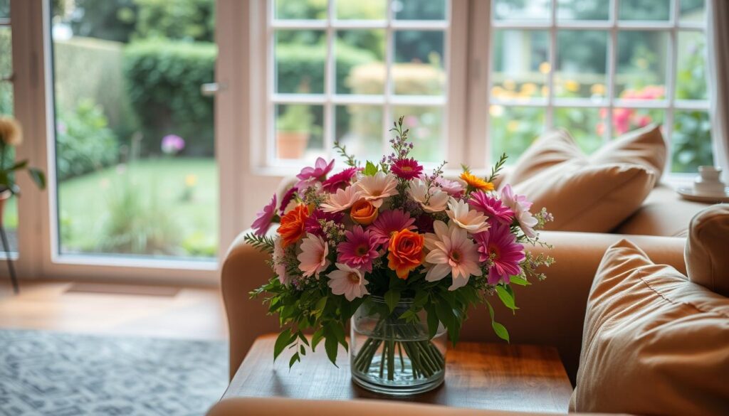 A cozy living room with warm, soft lighting, showcasing a beautiful bouquet of freshly picked flowers on a wooden side table. The arrangement features a mix of vibrant colors and delicate textures, creating a serene and inviting atmosphere. In the background, a large window overlooks a lush, verdant garden, hinting at the abundance of nature outside. The overall scene evokes a sense of comfort, thoughtfulness, and the desire to create a welcoming space for loved ones. A perfect setting to capture the essence of "When You Might Need Flowers Nearby." A cozy living room with warm, soft lighting, showcasing a beautiful bouquet of freshly picked flowers on a wooden side table. The arrangement features a mix of vibrant colors and delicate textures, creating a serene and inviting atmosphere. In the background, a large window overlooks a lush, verdant garden, hinting at the abundance of nature outside. The overall scene evokes a sense of comfort, thoughtfulness, and the desire to create a welcoming space for loved ones. A perfect setting to capture the essence of "When You Might Need Flowers Nearby."