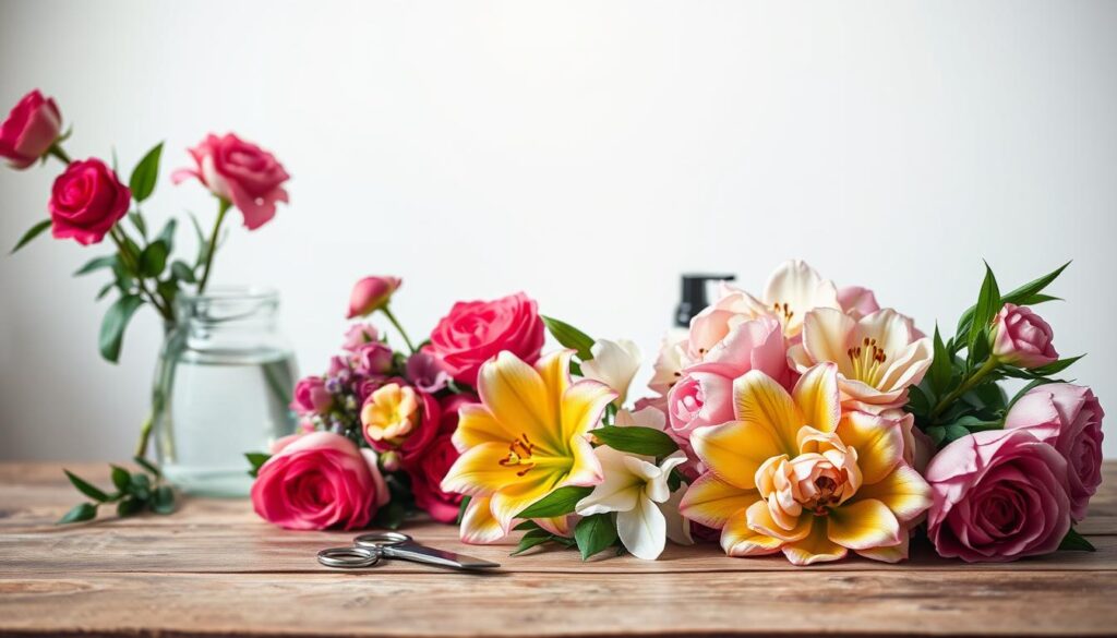 A crisp, well-lit still life composition of vibrant fresh-cut flowers arranged on a rustic wooden table. The foreground showcases an assortment of blooms including roses, lilies, and peonies, their petals gently curving and vibrant colors accentuated by soft, diffuse lighting from an unseen window. In the middle ground, a glass vase filled with water and a few simple floral care tools like scissors and a mister provide context. The background features a plain white wall, allowing the flowers to be the focal point. The overall mood is one of serene, natural beauty, inviting the viewer to discover the secrets to making these cut flowers last longer at home. A crisp, well-lit still life composition of vibrant fresh-cut flowers arranged on a rustic wooden table. The foreground showcases an assortment of blooms including roses, lilies, and peonies, their petals gently curving and vibrant colors accentuated by soft, diffuse lighting from an unseen window. In the middle ground, a glass vase filled with water and a few simple floral care tools like scissors and a mister provide context. The background features a plain white wall, allowing the flowers to be the focal point. The overall mood is one of serene, natural beauty, inviting the viewer to discover the secrets to making these cut flowers last longer at home.