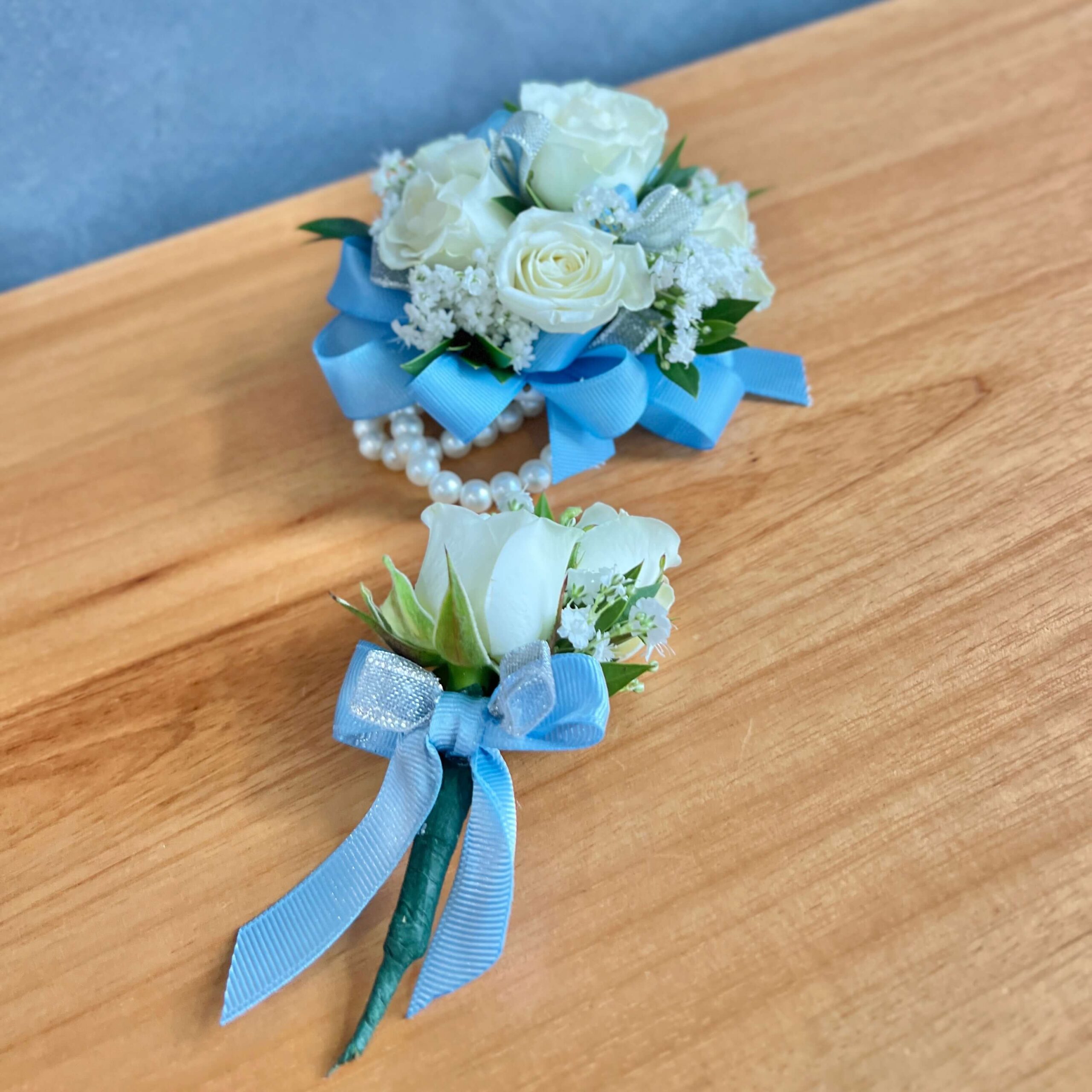 White Rose & Light Blue Ribbon Corsage & Boutonniere Set | Crafty Things