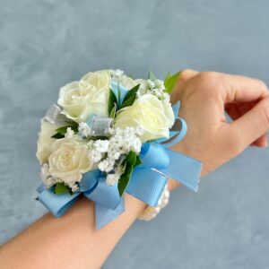 White Rose & Light Blue Ribbon Corsage & Boutonniere Set