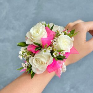 White rose and hot pink ribbon Corsage and Boutonniere set
