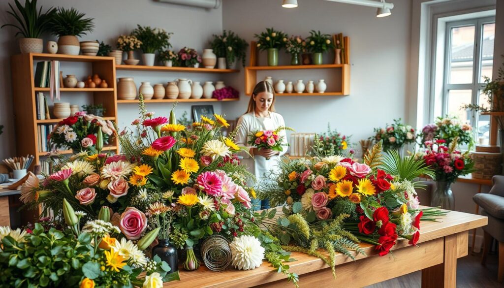 a cozy, well-lit floral studio with a large, wooden workbench in the foreground, covered in a variety of fresh flowers, greenery, and floral design tools. In the middle ground, a florist in a white apron is arranging a lush, colorful bouquet, deep in concentration. The background features shelves lined with vases, ribbons, and other floral accessories, creating a warm, inviting atmosphere. Soft, diffused lighting from overhead casts a gentle glow, highlighting the textures and vibrant hues of the flowers. The overall scene conveys a sense of expertise, creativity, and attention to detail, perfect for a consultation about an upcoming event. a cozy, well-lit floral studio with a large, wooden workbench in the foreground, covered in a variety of fresh flowers, greenery, and floral design tools. In the middle ground, a florist in a white apron is arranging a lush, colorful bouquet, deep in concentration. The background features shelves lined with vases, ribbons, and other floral accessories, creating a warm, inviting atmosphere. Soft, diffused lighting from overhead casts a gentle glow, highlighting the textures and vibrant hues of the flowers. The overall scene conveys a sense of expertise, creativity, and attention to detail, perfect for a consultation about an upcoming event.