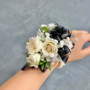 Classic White Rose Corsage with Black Ribbon