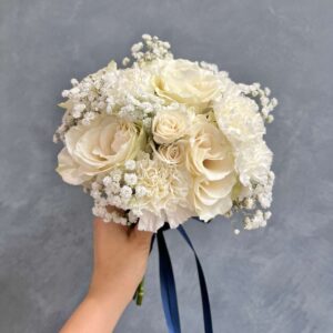 Elegant White Rose Bouquet Mini with Dark Blue Ribbon