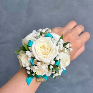 White Rose with Teal Ribbon Corsage Only
