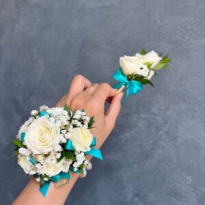 White Rose & Teal Ribbon Corsage & Boutonniere Set