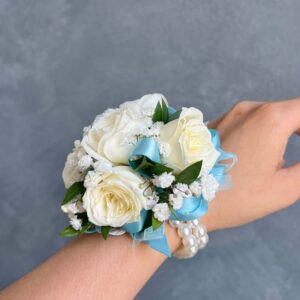 All Light Blue Ribbon & White Rose Corsage (Only)