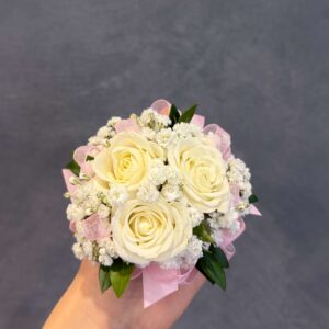 White Rose and Light Pink Ribbon Corsage & Boutonniere Set